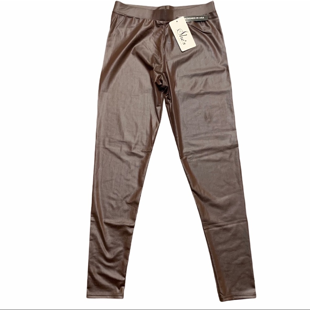 SHE’S Women’s Stretchy Faux Leather Brown Pants